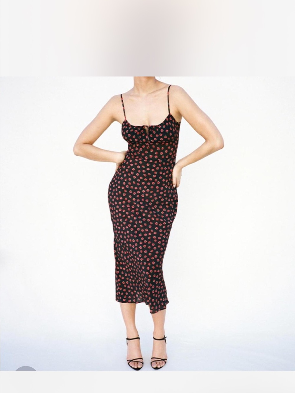 Realisation Par Black Midi Slip Dress with Red Floral Print